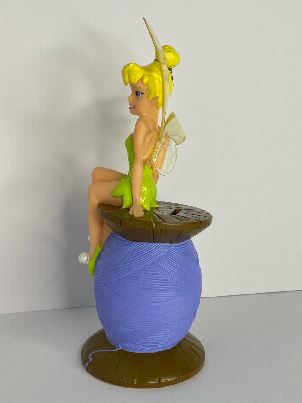 Vintage Disney TinkerBell Fairy Sitting On Thread Spool Piggy Bank 90s 10” - Picture 8 of 15